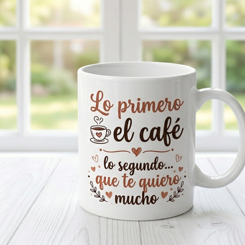 Taza con frase «Lo primero el café, lo segundo... que te quiero mucho»