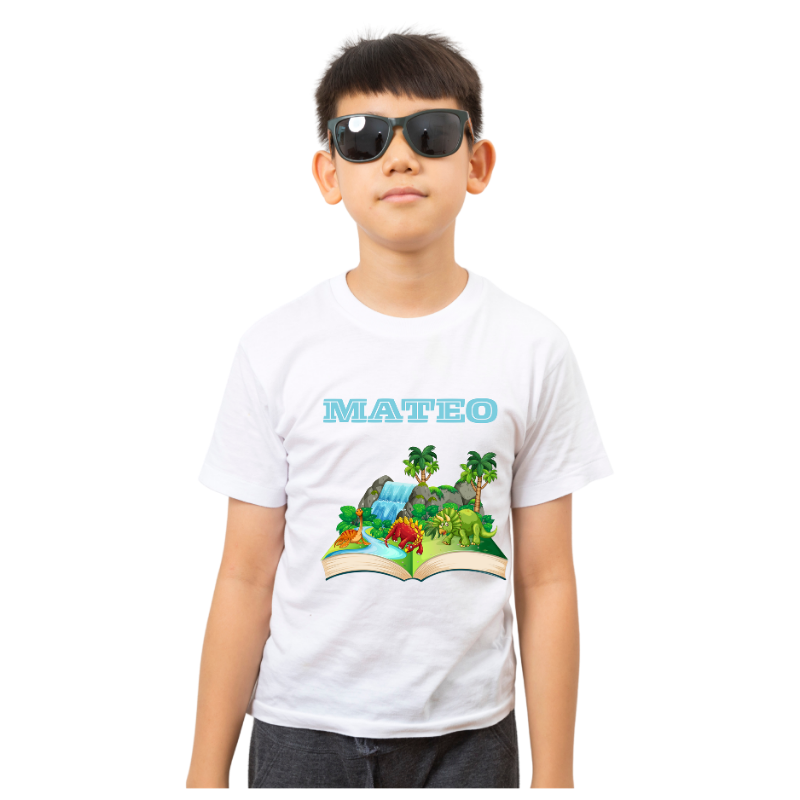 Camiseta infantil personalizada con nombre y dinosaurios