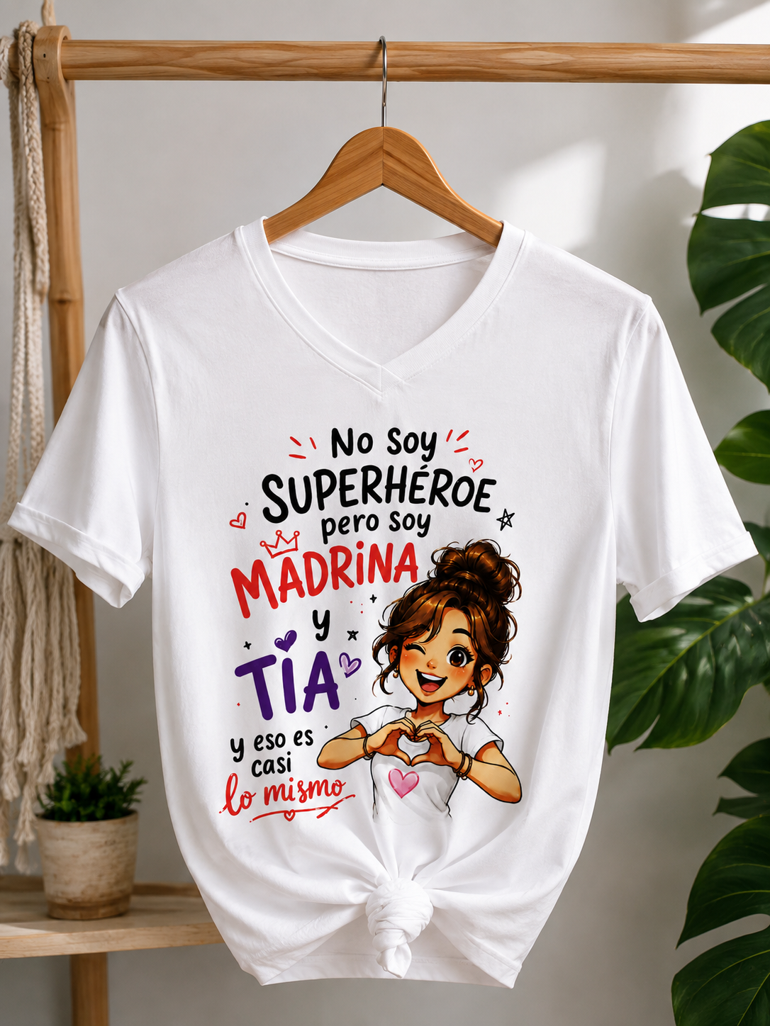 Camiseta blanca de mujer con frase divertida para madrina y tía: No soy superheroína pero soy madrina y tía y eso es casi lo mismo