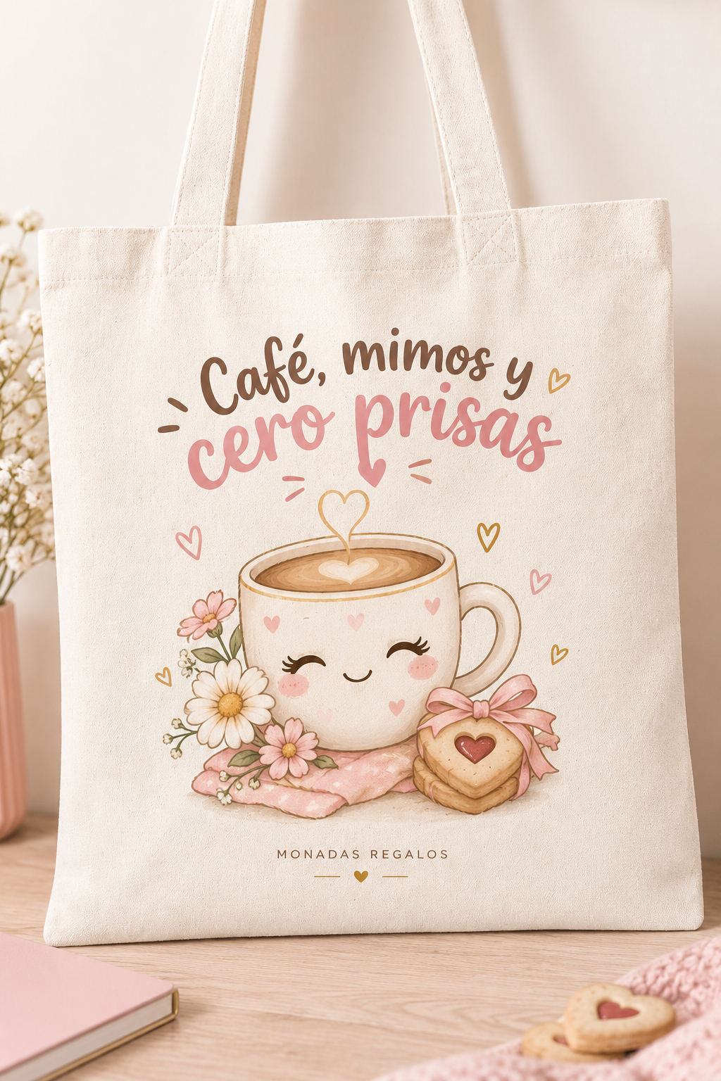 Tote bag de algodón con taza de café, flores, galleta y frase Café, mimos y cero prisas