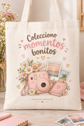 Tote bag de algodón con cámara, flores y texto Colecciono momentos bonitos
