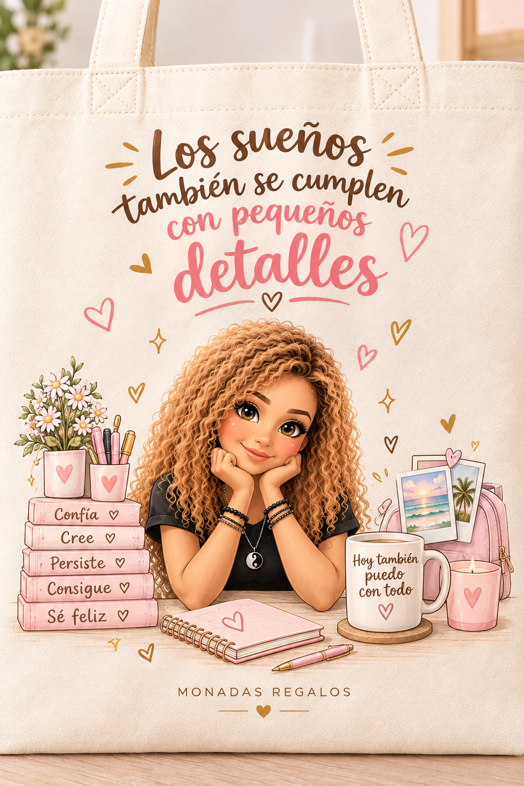 Tote bag de algodón con mensaje Los sueños también se cumplen con pequeños detalles