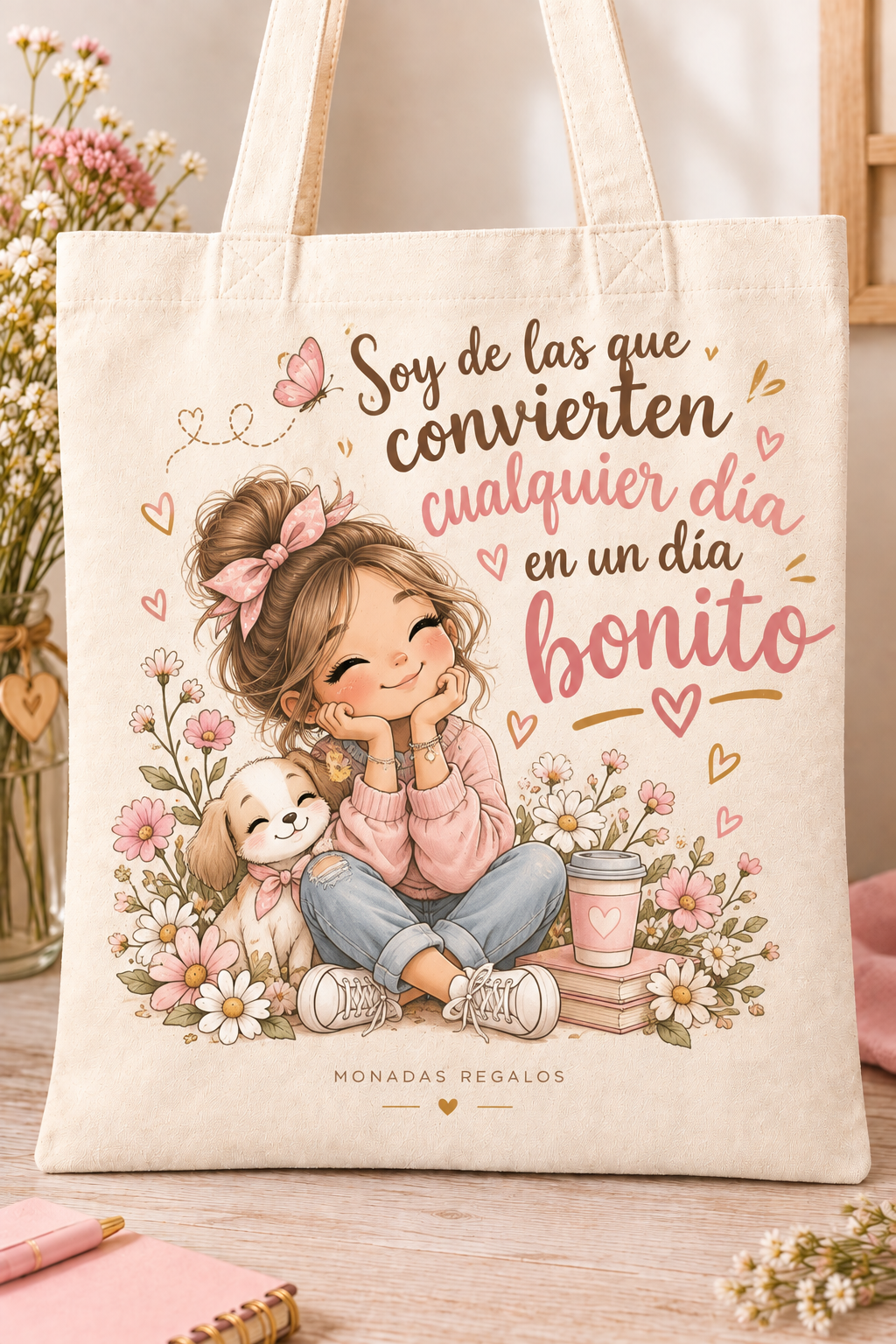 Tote bag de algodón con chica, perrito, flores y mensaje Convierto cualquier día en un día bonito