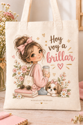 Tote bag de algodón con chica, flores, perrito y mensaje Hoy voy a brillar