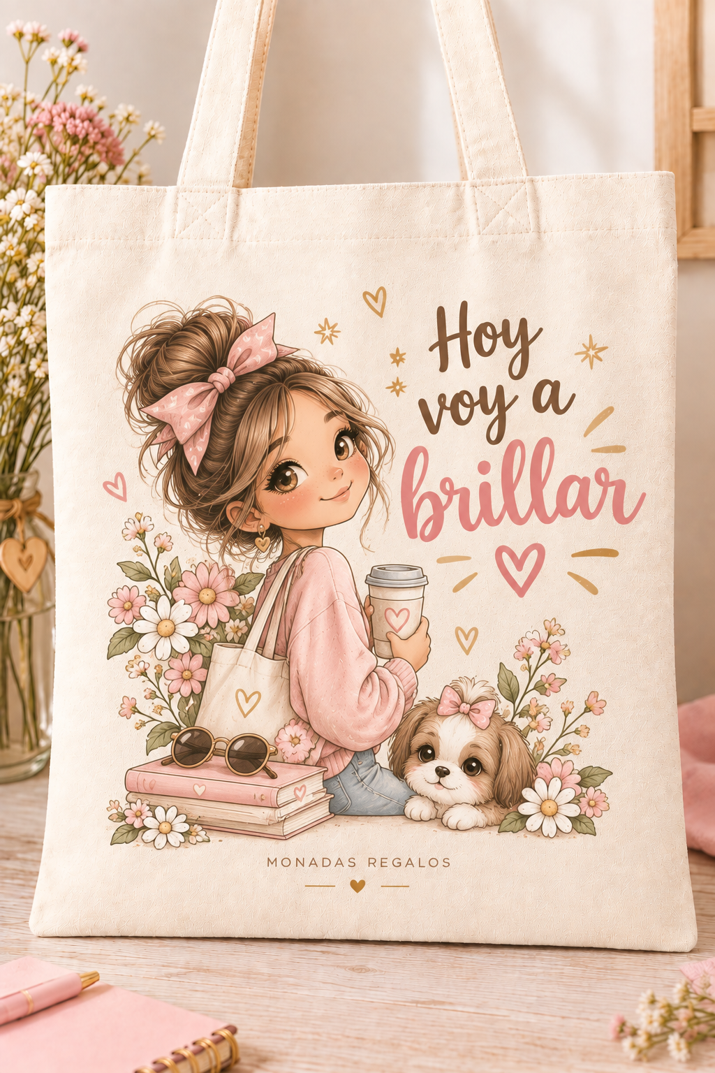Tote bag de algodón con chica, flores, perrito y mensaje Hoy voy a brillar