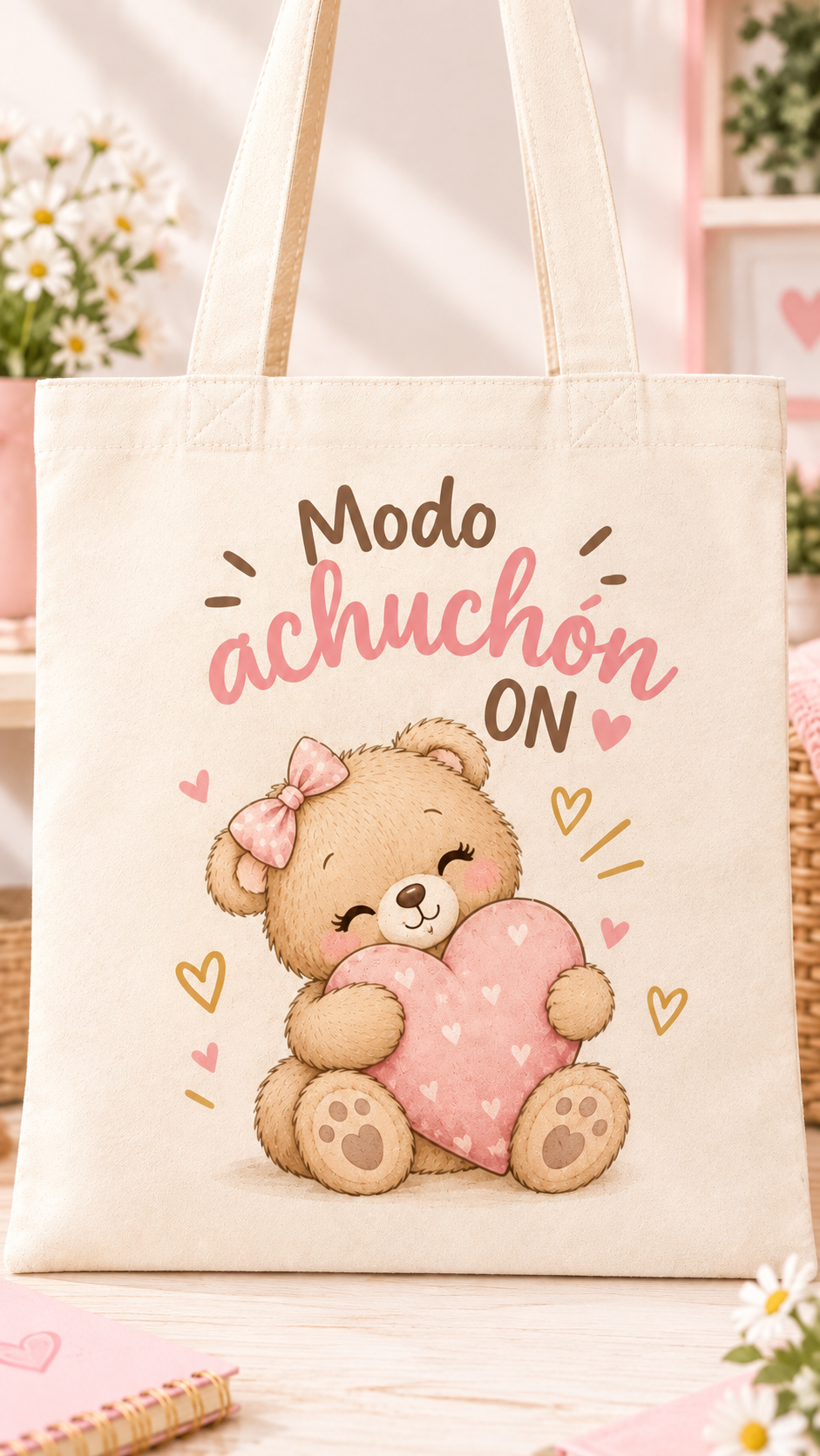 Tote bag de algodón con osita y corazón, diseño Modo achuchón ON