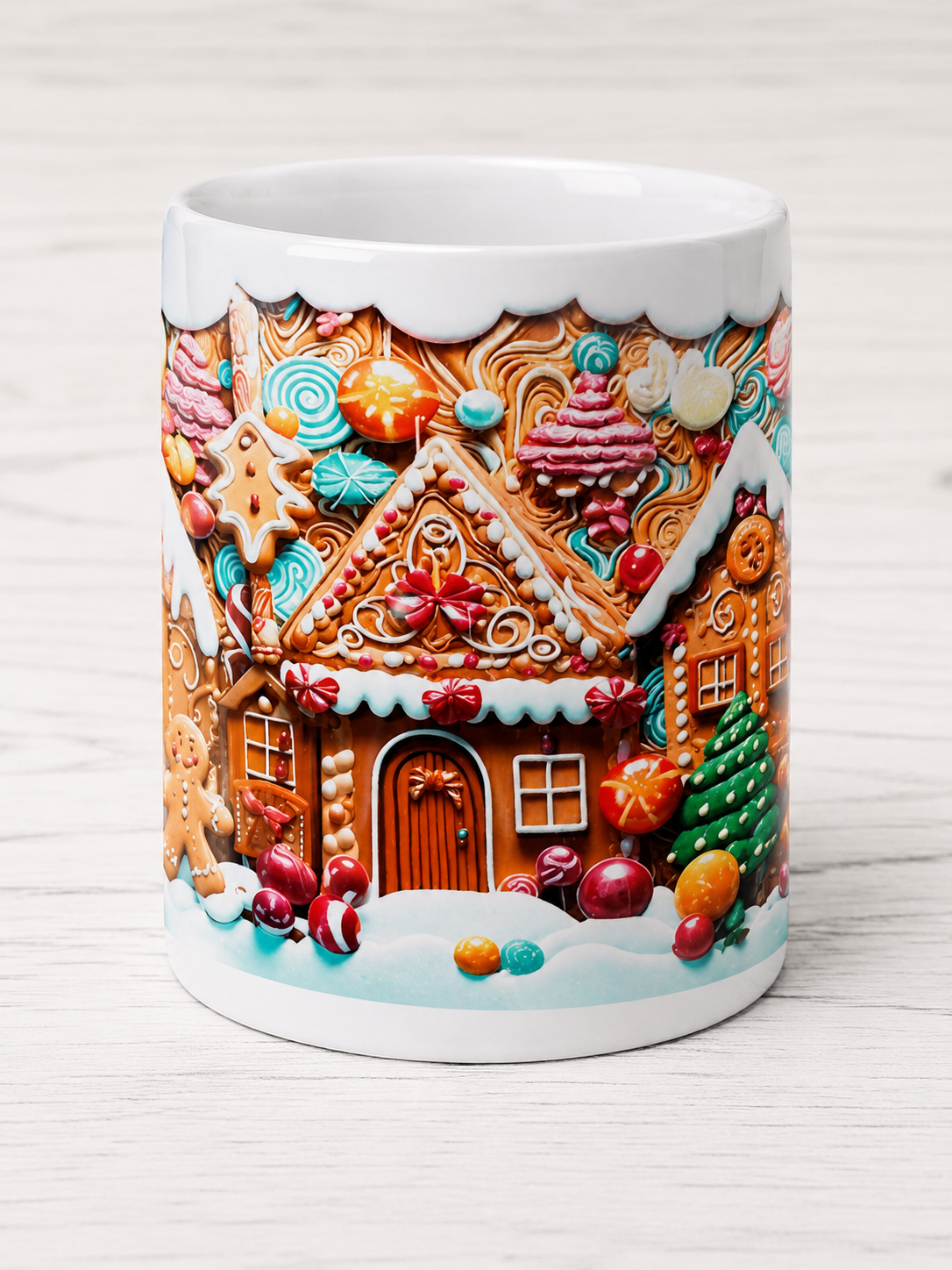 Taza navideña con casa de jengibre 3D rodeada de caramelos y nieve