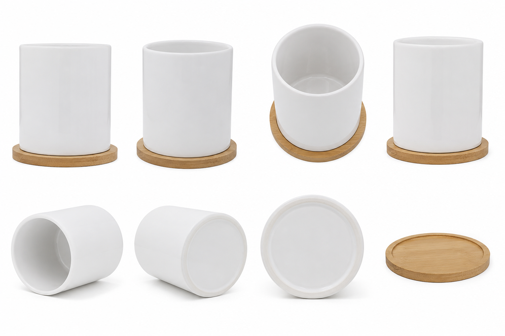 Vaso porta cepillos de dientes blanco con base de bambú, vistas múltiples