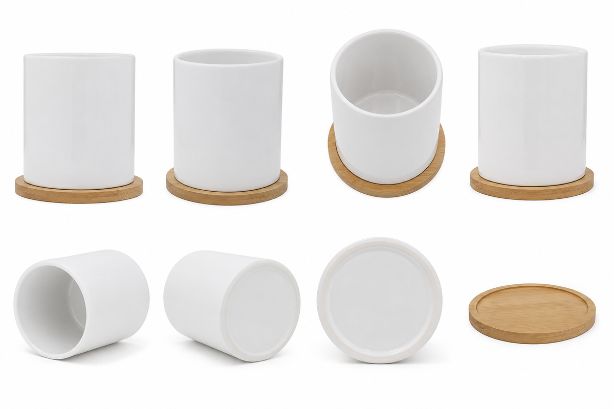Vaso porta cepillos de dientes blanco con base de bambú, vistas múltiples