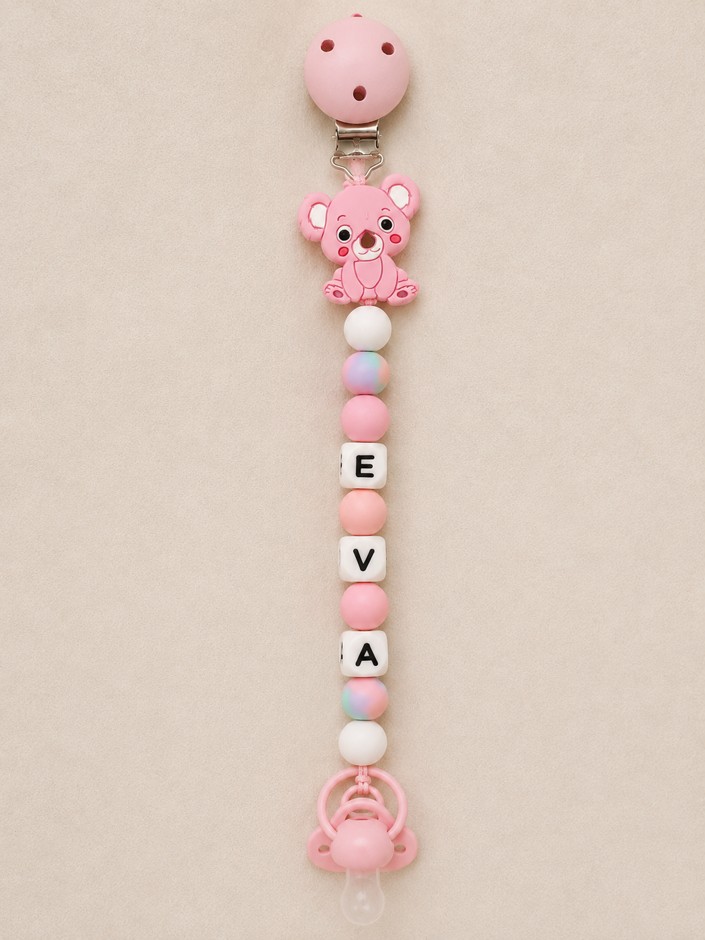 Chupetero personalizado de silicona rosa para bebé - vista detalle