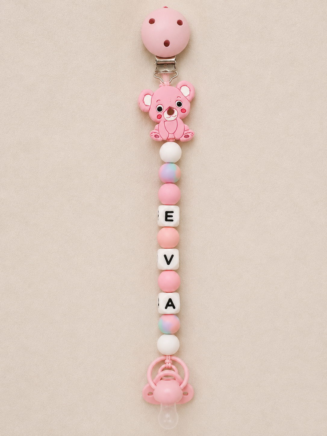 Chupetero personalizado de silicona rosa para bebé - vista detalle
