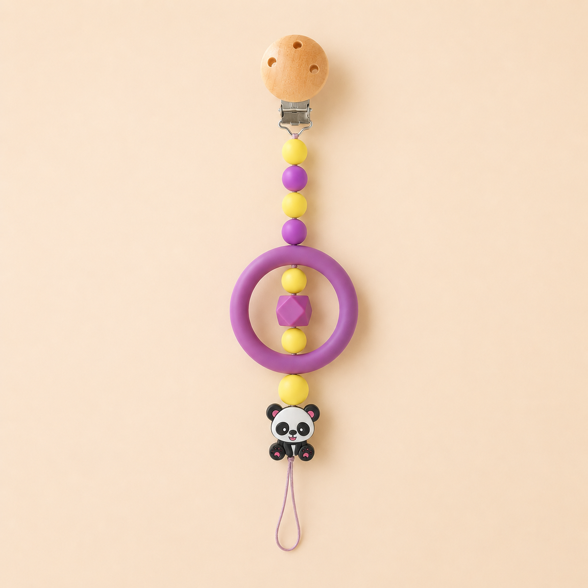 Chupetero mordedor personalizado morado y amarillo para bebé - vista detalle