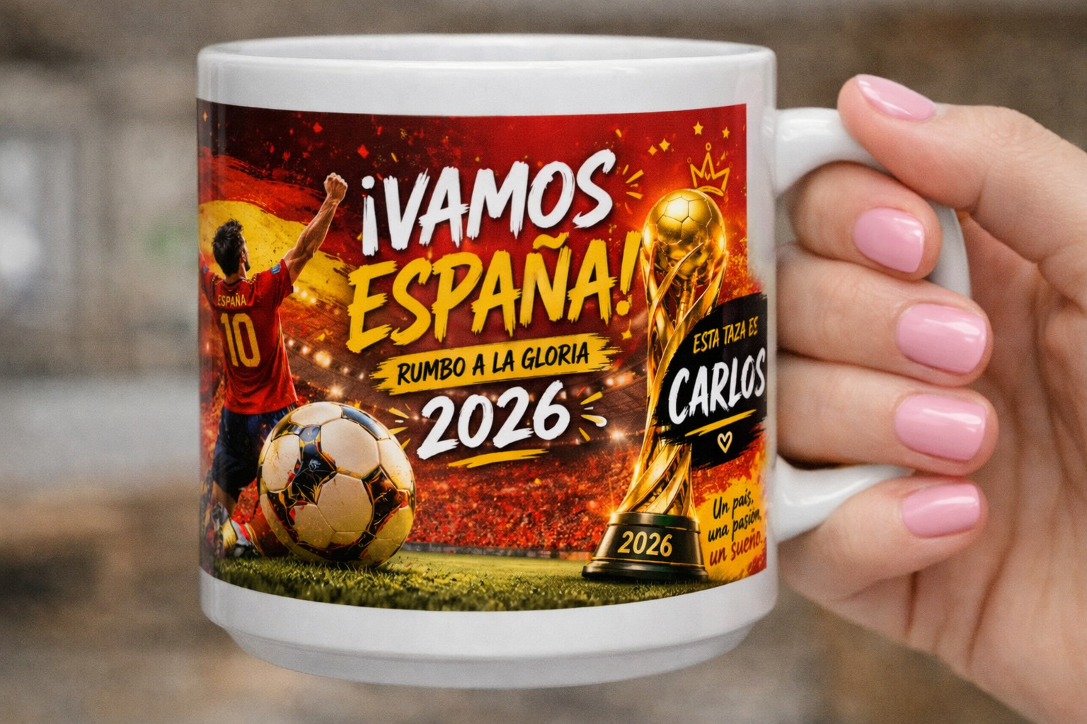 Taza personalizada Vamos España Rumbo a la Gloria 2026 con nombre Carlos