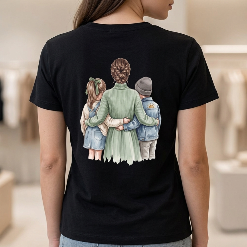 Camiseta personalizada mamá con hijos – Ilustración en la espalda