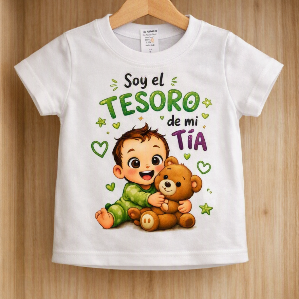 Camiseta infantil blanca de bebé niño con diseño de niño abrazando osito y frase Soy el tesoro de mi tía