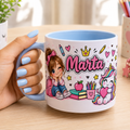 Taza infantil de plástico personalizada con nombre para niños con diseño colorido de niña unicornio y elementos del colegio