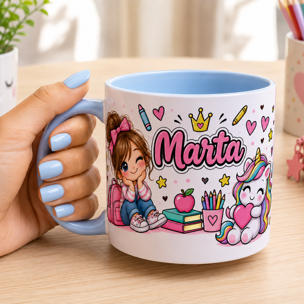 Taza infantil de plástico personalizada con nombre para niños con diseño colorido de niña unicornio y elementos del colegio