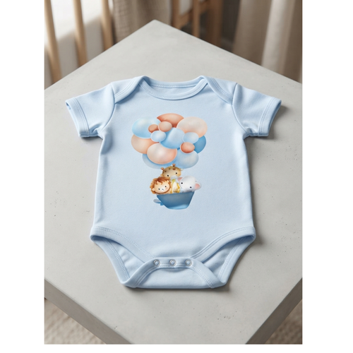 Body azul bebé con león conejito y osito en globo de colores pastel talla 6-12 meses