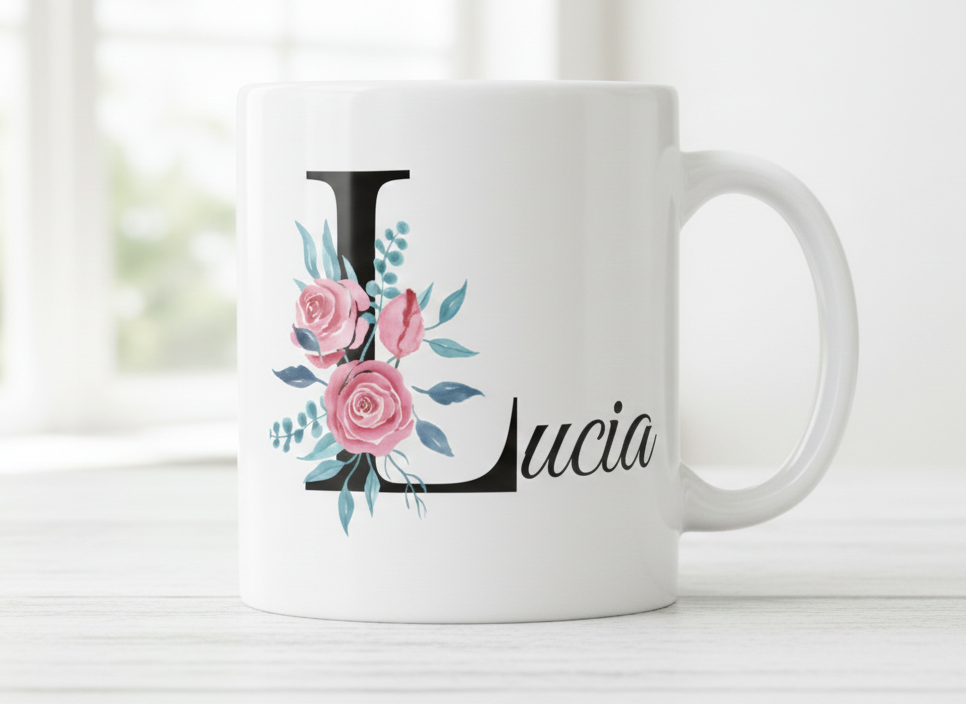 Taza Personalizada con Inicial Floral y Nombre | Hecha a Mano